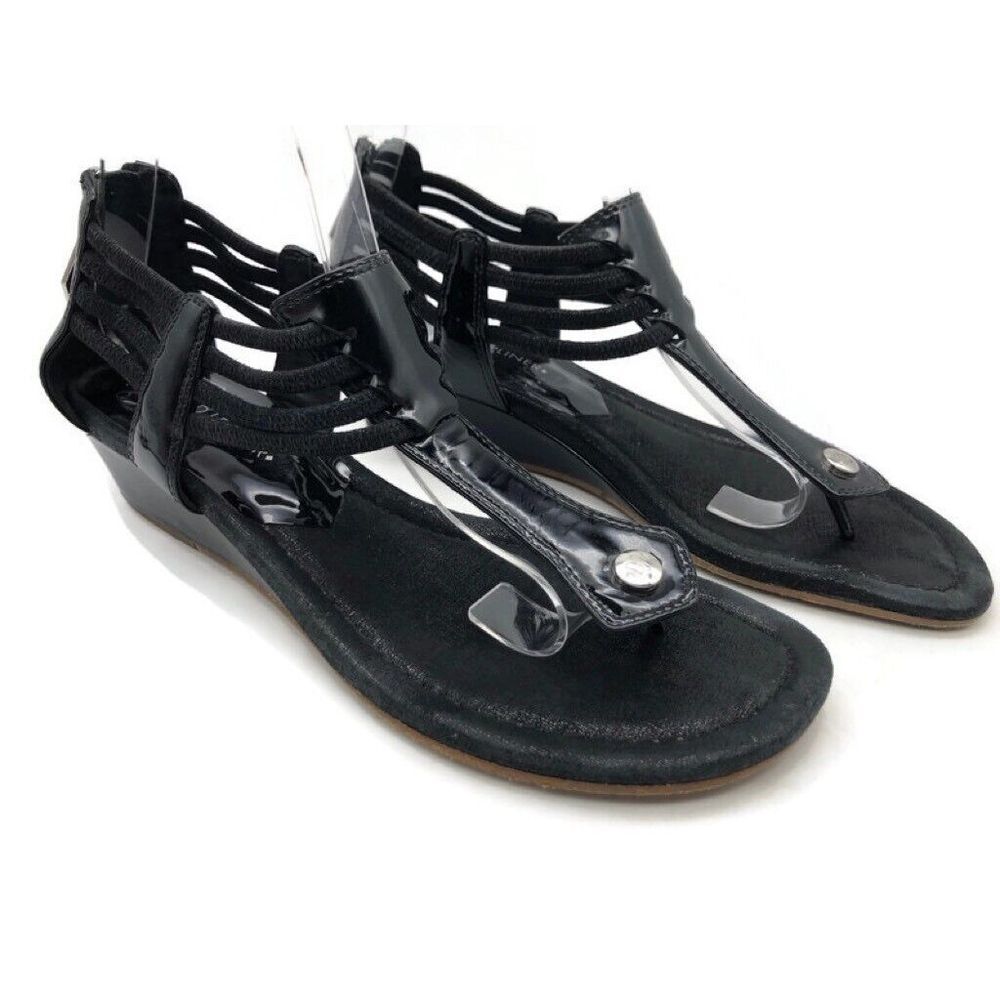 Donald J Pliner‎ Womens Ankle Cuff Sandals Black Thong Wedge Heel Zip Back 7.5 M